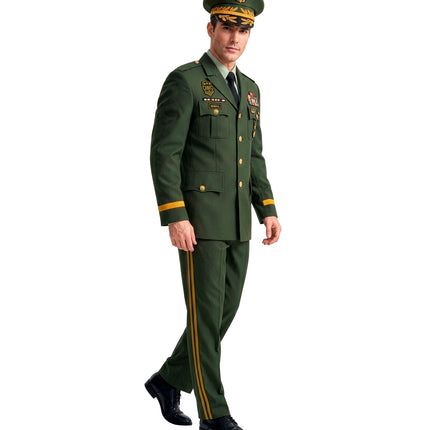 Generaal colbert voor heren van de zijkant, met gouden mouwband en groene broek met streep