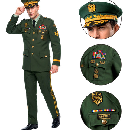 Generaal kostuum heren met detailfoto's van pet met lauwerkrans, medailleballkjes en ARMY-embleem