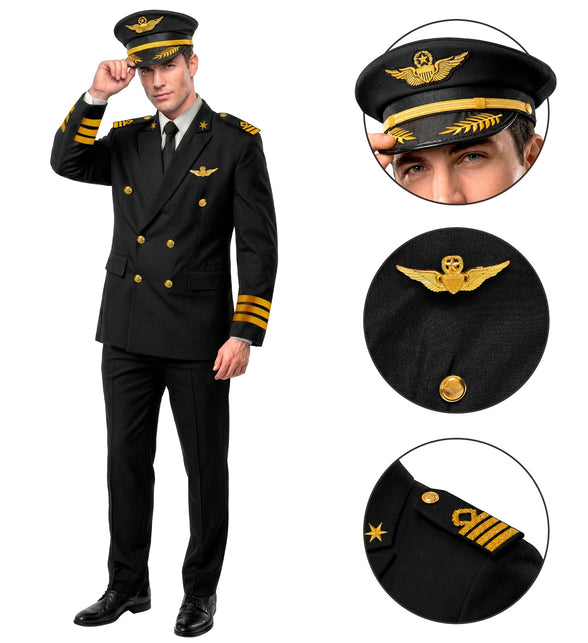 Pilotenkostuum heren met detailfoto's van pet, vleugelembleem en epaulet met sterren