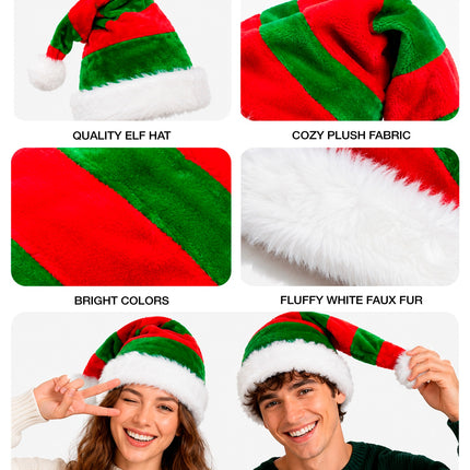 Detailbeelden elf hoed pluche: zacht pluche, felle rood-groene banen en witte rand