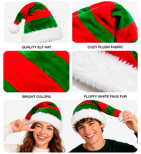 Detailbeelden elf hoed pluche: zacht pluche, felle rood-groene banen en witte rand