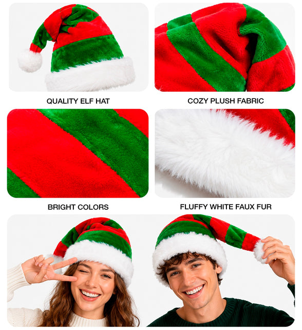 Detailbeelden elf hoed pluche: zacht pluche, felle rood-groene banen en witte rand