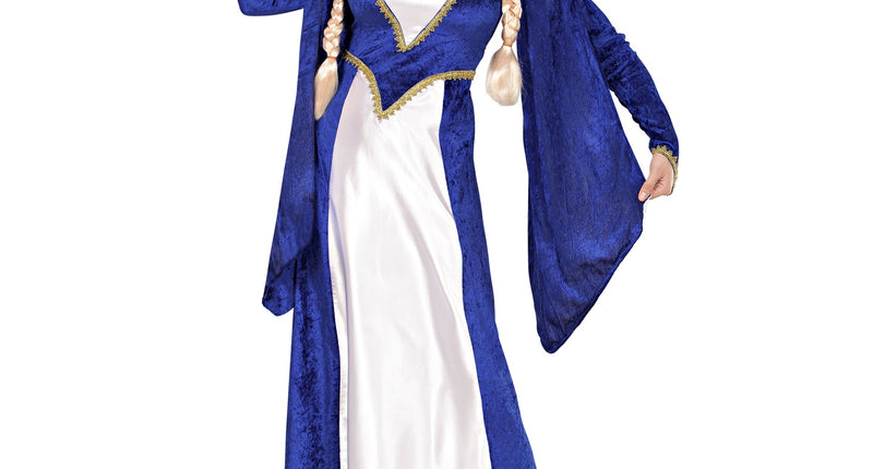 Middeleeuwse kasteel jurk blauw dames - blauwe fluwelen edelvrouw jurk met hoofddeksel