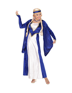 Middeleeuwse kasteel jurk blauw dames - blauwe fluwelen edelvrouw jurk met hoofddeksel