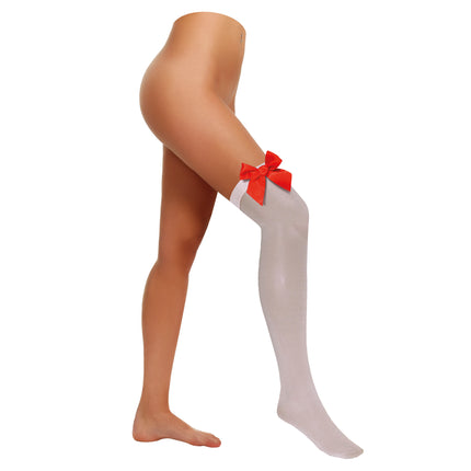 Kniekousen wit met rode satijnen strik tot boven de knie, gedragen door dames model