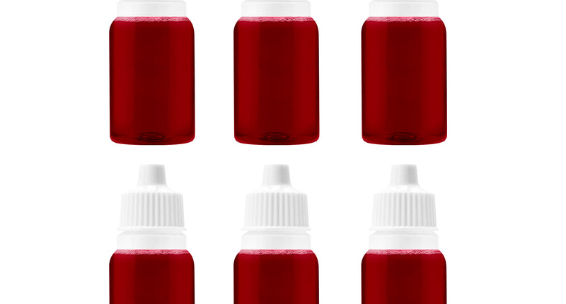 6 flesjes imitatie bloed met dieprode vloeistof en witte knijpdop, voor Halloween