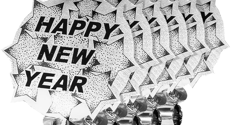 6 happy new year roltongen zilver met zwart mondstuk en stervormig kaartje met opdruk, voor oudejaarsavond