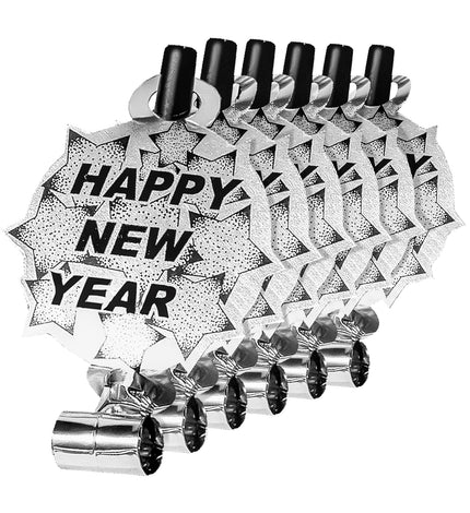 6 happy new year roltongen zilver met zwart mondstuk en stervormig kaartje met opdruk, voor oudejaarsavond