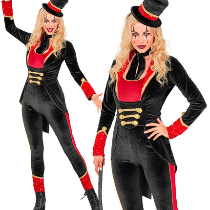 Circusdirecteur jumpsuit dames in zwart fluweel met rode pailletten, gouden tressen en hoge hoed