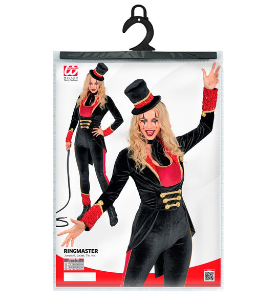 Verpakking circusdirecteur jumpsuit dames met maattabel XS tot L en vier kostuumdelen
