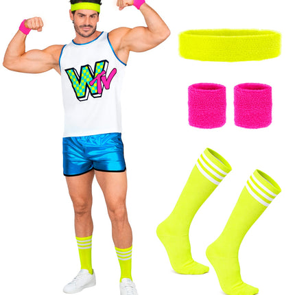 Vijfdelige aerobic set heren: tanktop, shorts, gele hoofdband, roze polsbandjes en kousen
