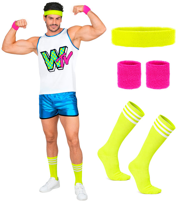 Vijfdelige aerobic set heren: tanktop, shorts, gele hoofdband, roze polsbandjes en kousen
