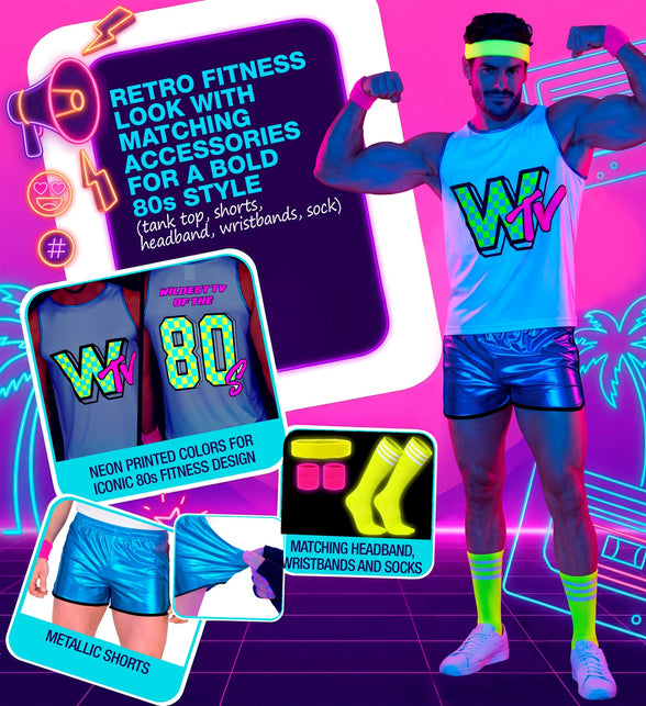 Neon jaren 80 aerobic kostuum heren onder blacklight, details van shorts en zweetbandjes