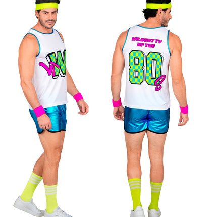 Jaren 80 sportoutfit heren van opzij en achteren, blauwe metallic shorts met zwarte bies