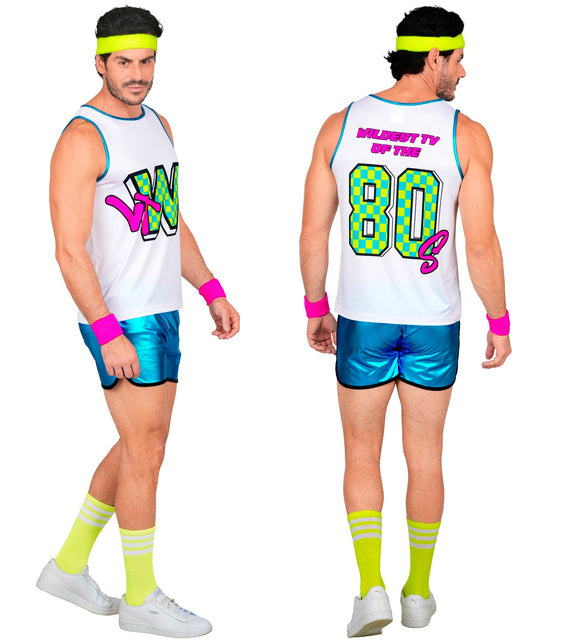 Jaren 80 sportoutfit heren van opzij en achteren, blauwe metallic shorts met zwarte bies
