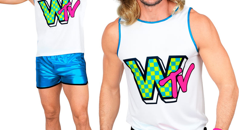 Jaren 80 aerobic kostuum heren met witte tanktop, neonprint en blauwe metallic shorts