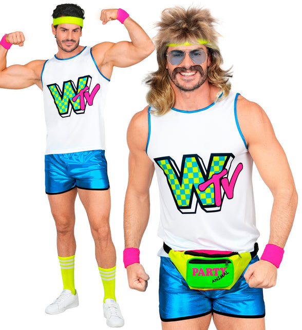 Jaren 80 aerobic kostuum heren met witte tanktop, neonprint en blauwe metallic shorts