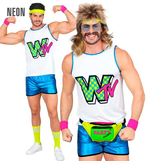 Neon jaren 80 aerobic outfit heren, witte tanktop met geblokte letteropdruk en gele kousen