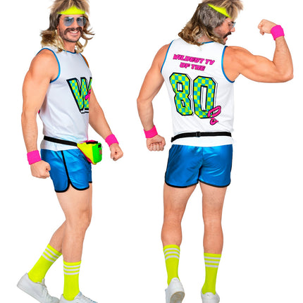 Aerobic kostuum heren achterkant met neonopdruk 80s op de witte tanktop