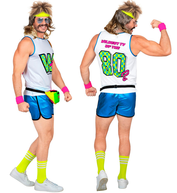 Aerobic kostuum heren achterkant met neonopdruk 80s op de witte tanktop