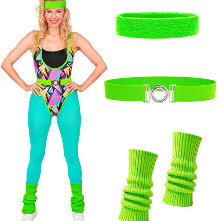 Vijfdelig jaren 80 aerobic kostuum met groene haarband, elastische riem en gebreide beenwarmers