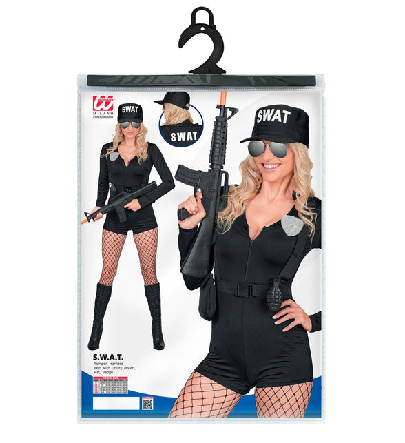 Verpakking S.W.A.T. kostuum dames met maattabel XS tot XL en setinhoud