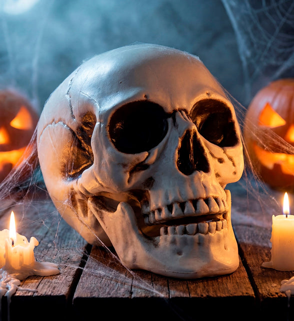 Schedel decoratie tussen spinnenweb en pompoenen voor Halloween