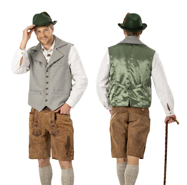 Tiroler gilet Bert voor- en achteraanzicht, grijs herengilet bij lederhosen en kniekousen