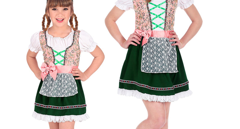 Beiers jurkje Lotte meisje in twee maten, groen rokje met roze lijfje en kanten schort voor Oktoberfest