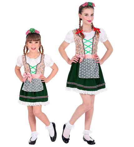 Beiers jurkje Lotte meisje in twee maten, groen rokje met roze lijfje en kanten schort voor Oktoberfest