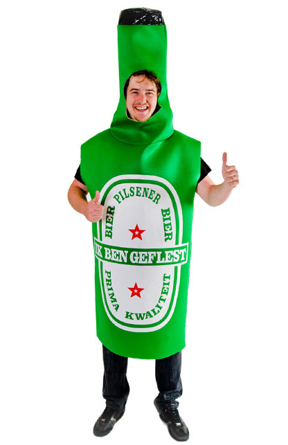 Bierfles kostuum ik ben geflest, groen pilsflesje met wit label en zwarte flessenhals voor heren