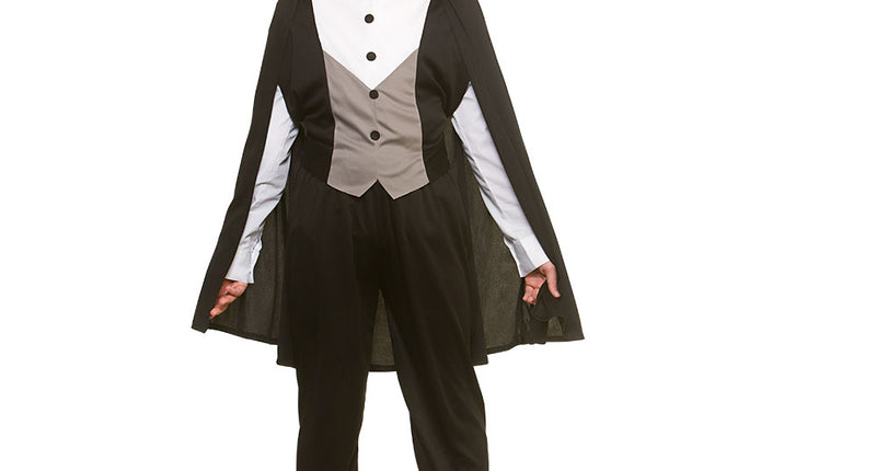Graaf Dracula pak kids met zwarte cape, rode staande kraag en grijs vestpaneel voor Halloween
