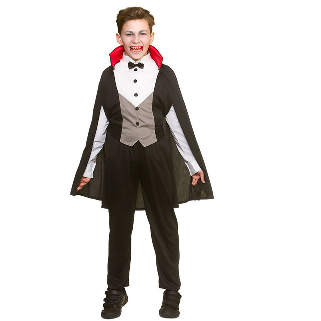 Graaf Dracula pak kids met zwarte cape, rode staande kraag en grijs vestpaneel voor Halloween