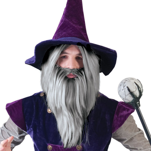 Pruik en baard tovenaar Halloween grijs