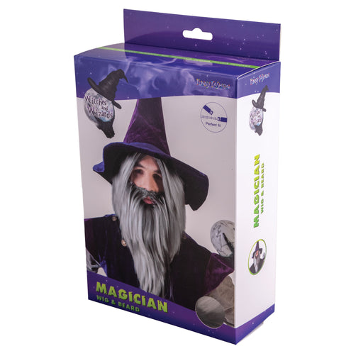 Pruik en baard tovenaar Halloween grijs — foto 2