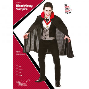 Verpakking van het bloederig vampier pak van Wicked Costumes met shirt en cape met kraag