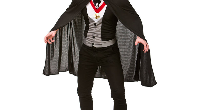 Bloederig vampier pak heren met zwarte cape, rode opstaande kraag en shirt met grijze vestlook voor Halloween