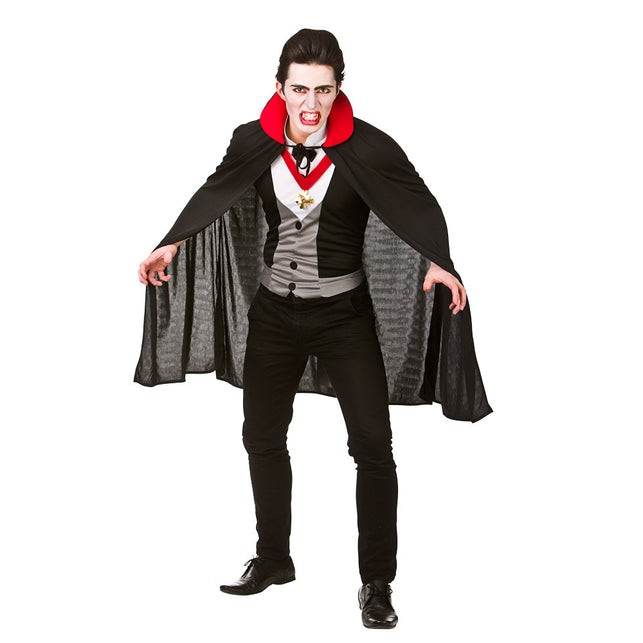 Bloederig vampier pak heren met zwarte cape, rode opstaande kraag en shirt met grijze vestlook voor Halloween