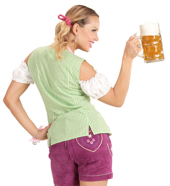 Achterkant van de beierse blouse dames met doorlopend groen-wit ruitpatroon en split aan de onderzoom