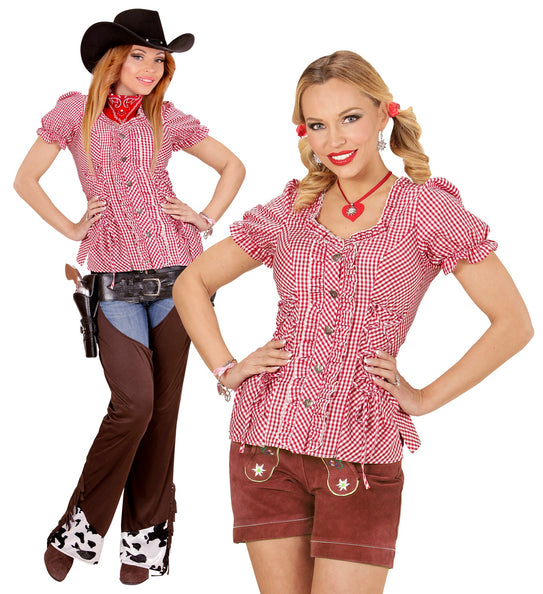 Beierse blouse rood wit met pofmouwen, gedragen als Oktoberfest-blouse en als cowgirllook