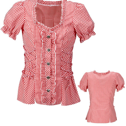 Beierse blouse rood wit voor- en achterkant met ruches en zilverkleurige hartjesknopen