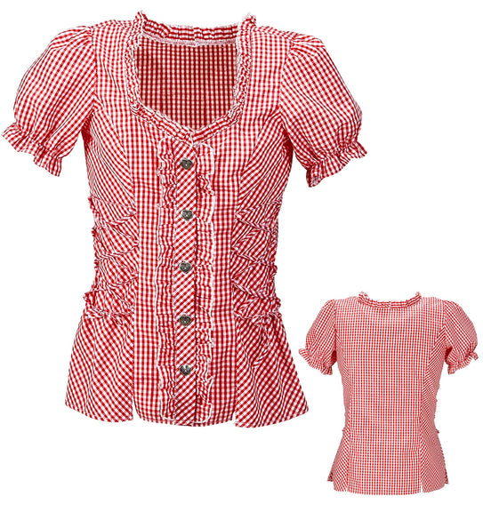 Beierse blouse rood wit voor- en achterkant met ruches en zilverkleurige hartjesknopen