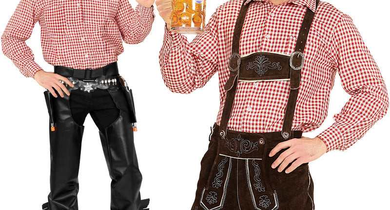 Beiers shirt rood met rood-wit ruitdessin, gedragen door heren bij Oktoberfest en westernlook