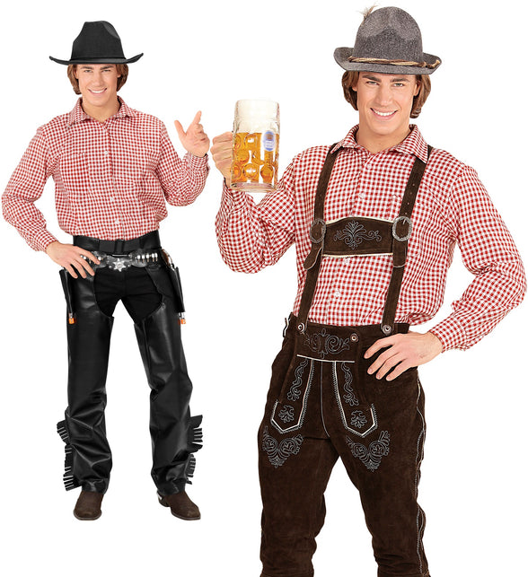 Beiers shirt rood met rood-wit ruitdessin, gedragen door heren bij Oktoberfest en westernlook