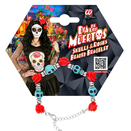 Armband met schedels en rozen op Widmann verpakking met Dia de los Muertos-thema