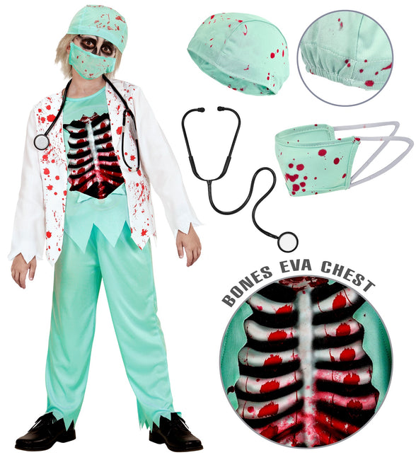 Onderdelen zombie dokter pak kind: bebloede muts, gezichtsmasker, stethoscoop en botten-print op shirt