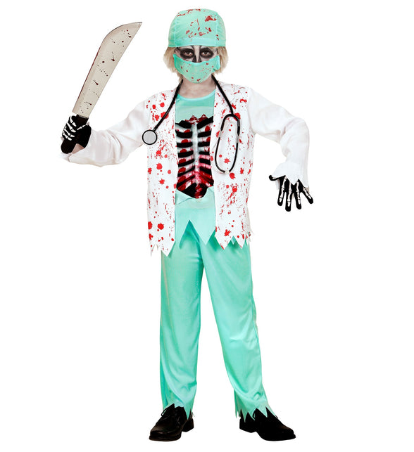 Zombie dokter kostuum jongens met gerafelde zomen en bloedspatten, gedragen op een griezelfeest