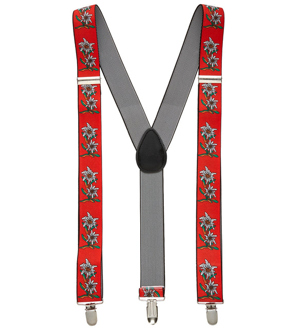 Tiroler Edelweiss bretels rood met witte edelweissprint, Y-model met drie metalen clips