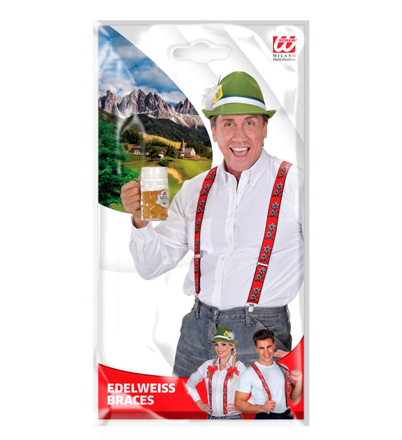 Tiroler Edelweiss bretels rood in verpakking met Beiers berglandschap, voor Oktoberfest