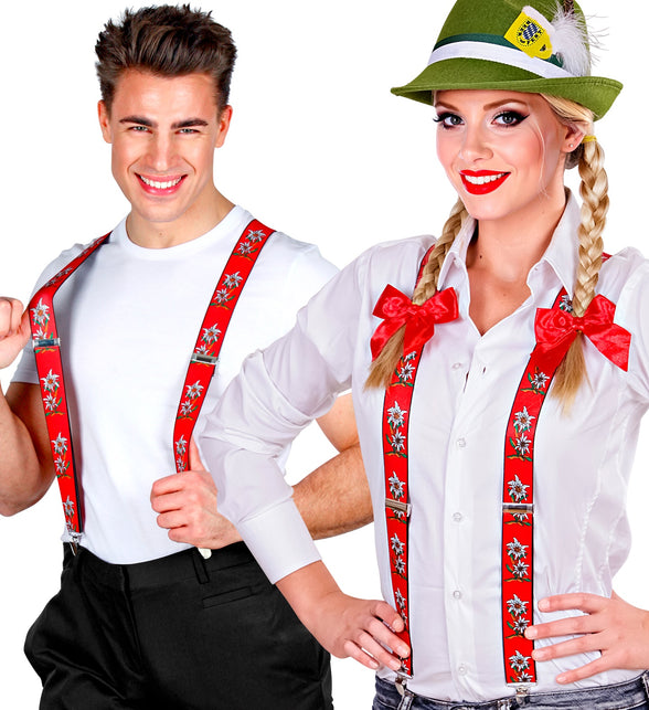 Tiroler Edelweiss bretels rood gedragen door dame en heer over wit overhemd